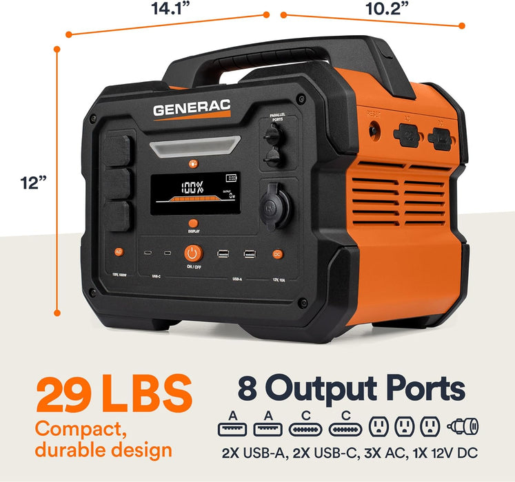Generac (8025) GB1000 1086Wh Portable Power Station with Lithium-Ion Battery, Clean Emission-Free Power - Wireless Charging Pad and Compact Design, Camping, RV, Indoor/Outdoor Use, Orange/Black