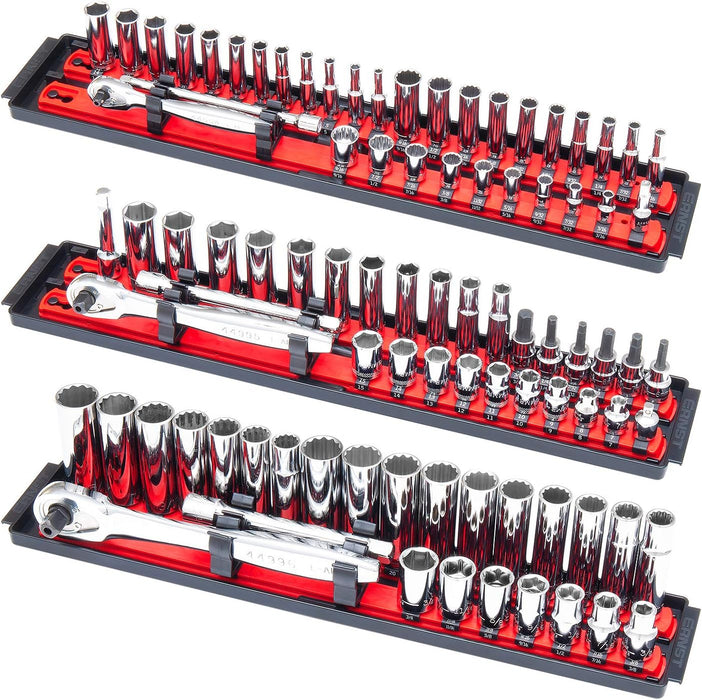 ERNST Socket Boss Combo 3-Pack Tool Organizer with Twist-Lock Technology, Red, Model 8510A – Secure Socket Storage for Mechanics and DIY Enthusiasts - Made in USA