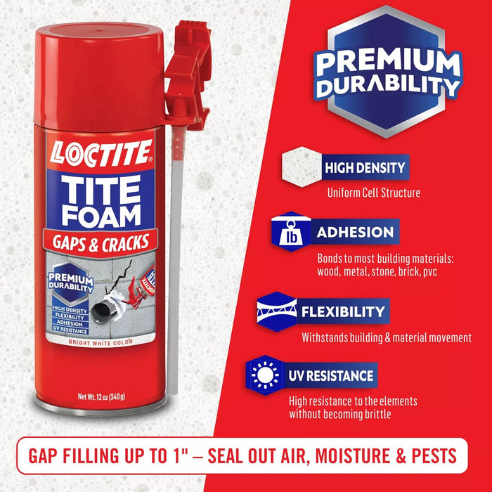 Loctite Tite Foam Gaps & Cracks Spray Foam Sealant, 12 fl oz Can, Polyurethane Expands for Insulation (Pack of 12)