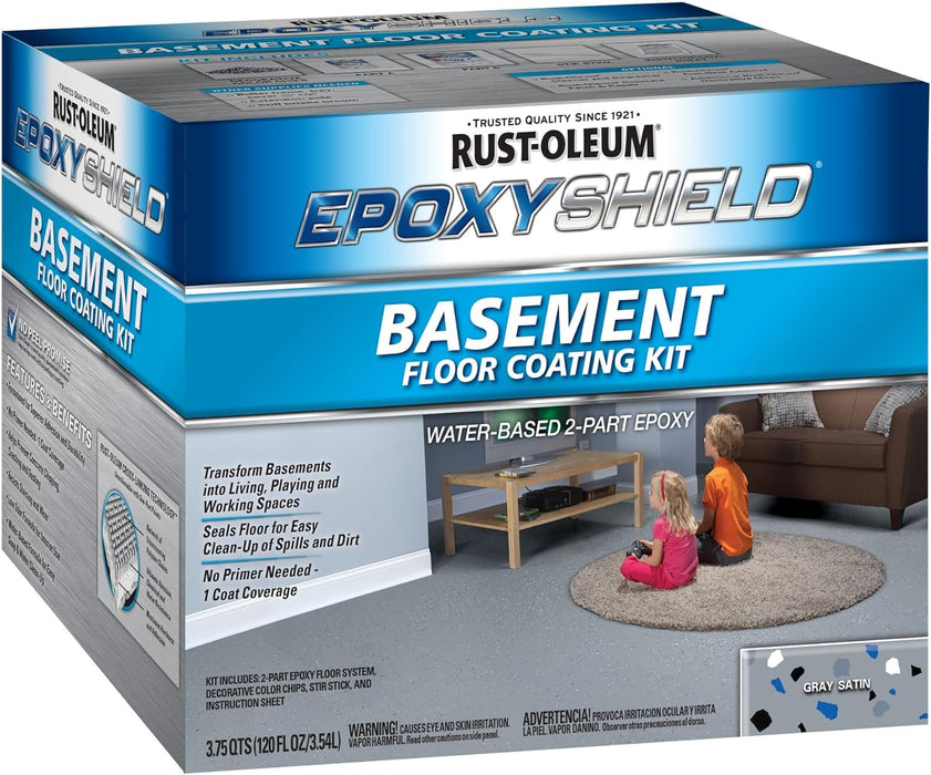 Rust-Oleum 391282 EpoxyShield Basement Floor Coating Kit, Gallon, Gray Satin