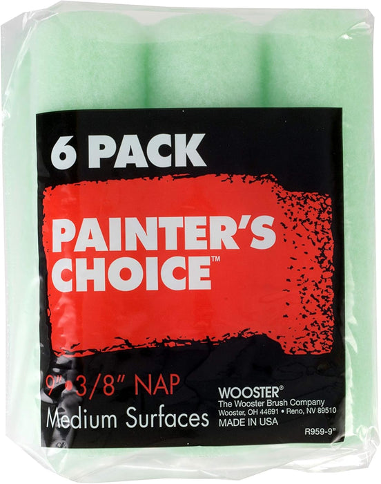 Wooster Brush, 6 Count (Pack of 1), R959 R959-9 Painter's Choice Roller Cover 3/8 Inch Nap, 6-Pack, 9 Inch, 128