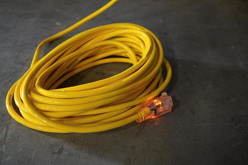 Yellow Jacket 64824801 Heavy Duty Extension Cord, 25Ft, 12 Gauge, 3 Conductor, Lighted End, Weather Resistant, SJTW, Yellow
