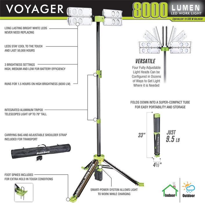 PowerSmith Voyager PVLR8000A 8000 Lumen Collapsible Cordless Tripod LED Work Light with Battery, Charger & Carry Bag Included. Optional 3-Way Power, Remote Control , Black