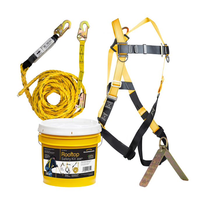 Guardian (00815) Rooftop Safety Kit - 50 ft Vertical Lifeline Assembly, Reusable Temper Anchor, Full Body Harness, Yellow Storage Bucket