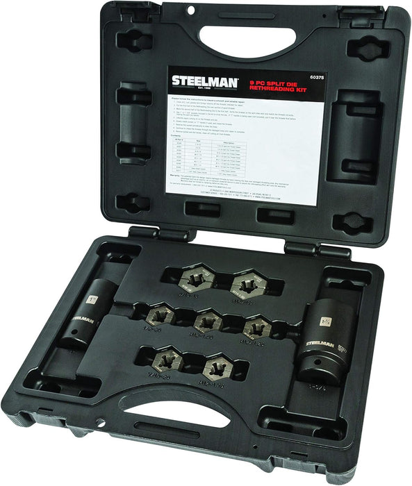 Steelman 60375 9-Piece Split Die Wheel Stud Repair/Rethreading Kit, Indexing Pins, Steel, Repairs Threads on Wheel Studs and Bolts, Two Sockets Included