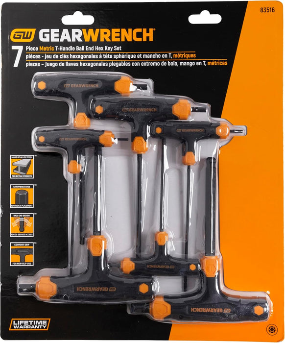 GEARWRENCH 83516 7 Piece Metric T-Handle Ball End Hex Key Set