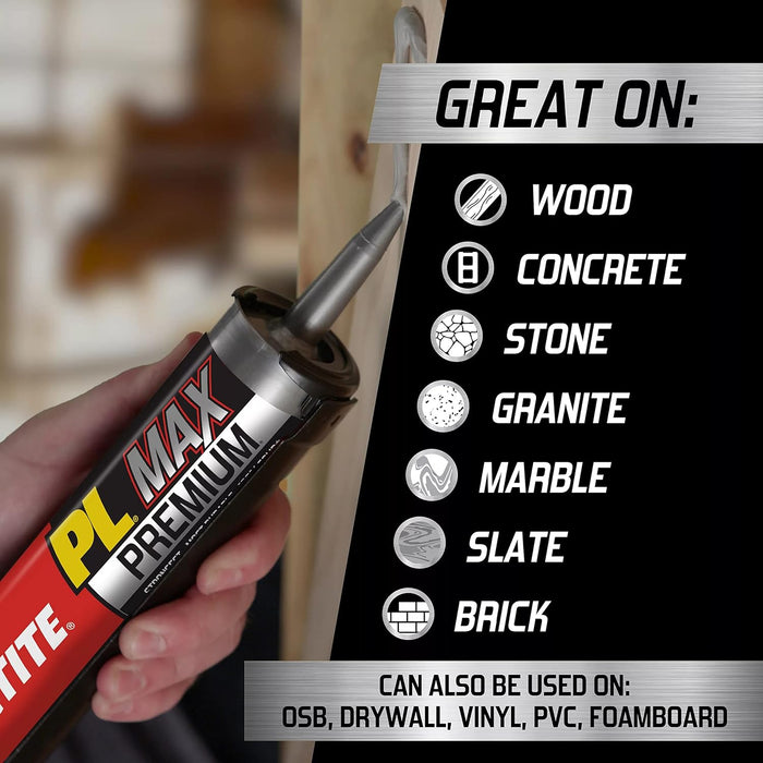 Loctite PL Premium Max Construction Adhesive, 9 fl oz Cartridge, Versatile Construction Glue for Wood, Concrete, Stone & More (Pack of 1)