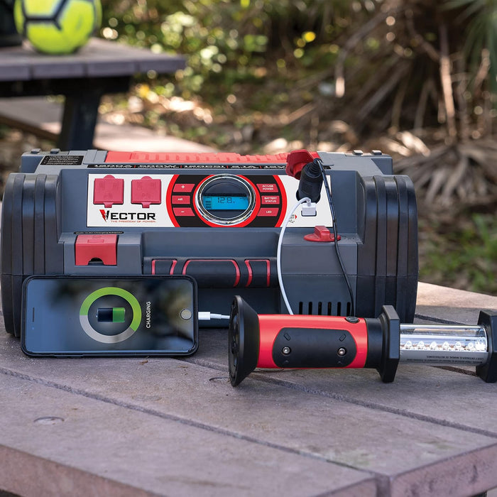 Vector PPRH5V 1200 Peak Amp Automotive Jump Starter, Portable Power – 10W USB Port, 500W Inverter, 120 PSI Air Compressor