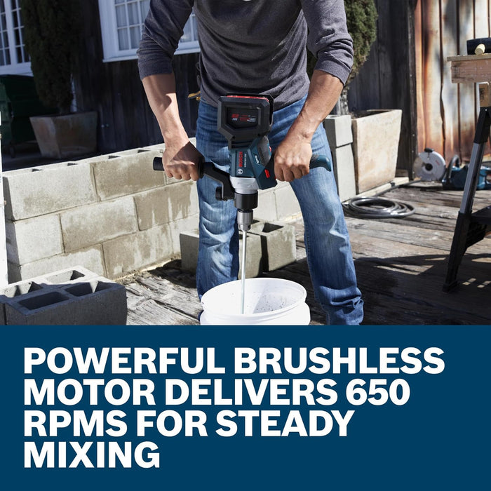BOSCH GRW18V-120N 18V Brushless Mud Mixer - ½ In. Chuck, 650 RPM, Variable Speed, Soft Start, KickBack Control, Ergonomic Handle for Heavy Mortars, Epoxies & Paints