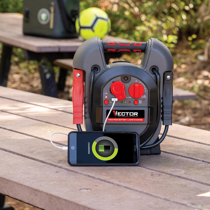 Vector J312V Jump Starter, 700 Peak Amp, USB Charging Port, Rechargeable Battery