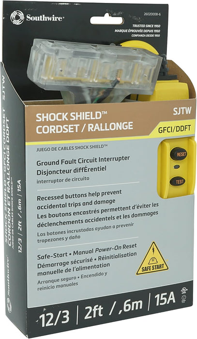 Southwire 26020008-6 12/3 Gauge Shockshield GFCI Protected In-line Tri-Cord Set with 3-Outlets; 2-Feet; 15-Amp
