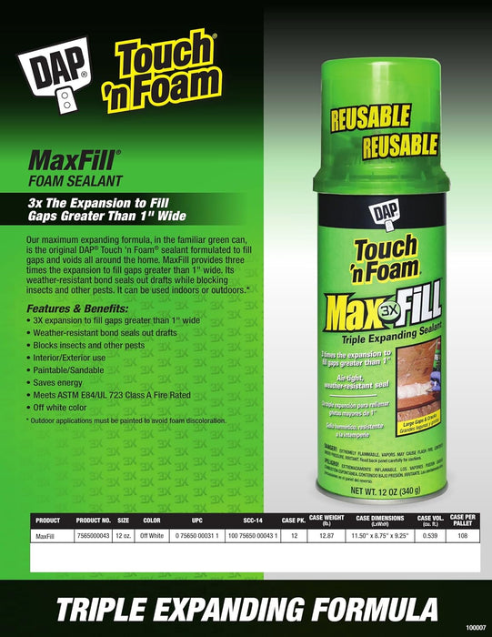 DAP 7565000043 Touch ‘n Foam Max Fill Maximum Expanding Foam Sealant, Off White, 12 Oz