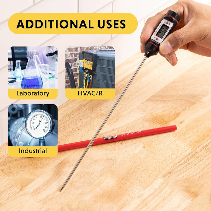 General Tools DT310LAB Digital Thermometer, 8 Inch Extra Long Stainless Steel Probe, -58 to 302 degrees Fahrenheit (-50 to 150 degrees Celsius) Range with High and Low Alarms, Auto-Off