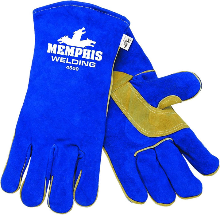 MCR Safety 4500S 13-Inch Memphis Split Cow Leather Welder Men's Gloves with Self Hemmed Cuff, Blue, Small, 1-Pair