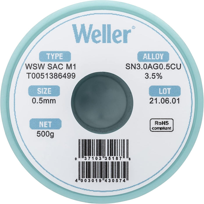 Weller T0051388299 Solder Wire, No Clean, Lead Free, 0.020 in"/0.5mm Diameter, Sn96.5Ag3Cu0.5, 3.5% Flux Content