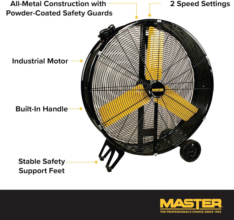 Master MAC-30D 30 Inch Industrial High Velocity Barrel Fan, Use for Shop, Garage or Warehouse, All-Metal Construction with Steel-Coated Safety Grill, 2 Speed Settings