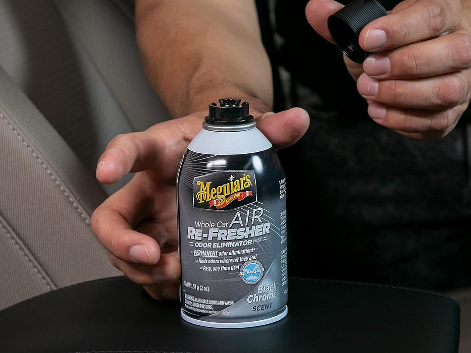 Meguiar's Whole Car Air Refresher, Car Odor Eliminator Spray Permanently Eliminates Unwanted Vehicle Odors Throughout Your Interior, Black Chrome Scent, 2 Oz Aerosol Canister