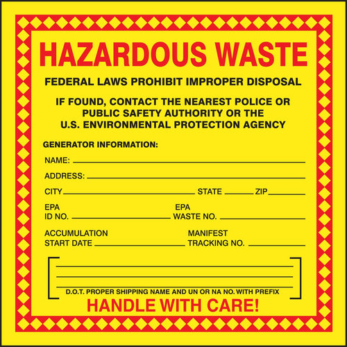 Accuform MHZW20EVL Hazardous Waste Labels for Hazmat Containers, Adhesive-Poly Vinyl Write-On Stickers, "Federal Laws Prohibit Improper Disposal...Handle with Care", 6" x 6" (Pack of 250)