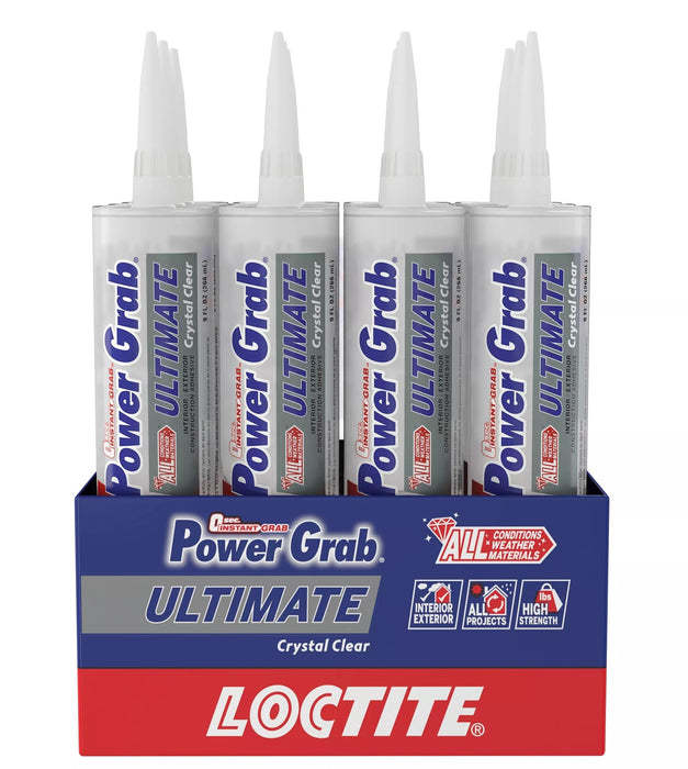 Loctite 2442595 Power Grab Ultimate Crystal Clear Construction Adhesive, 9 fl oz Cartridge, Versatile Construction Glue for Glass, Wood, Metal & More (Pack of 12)