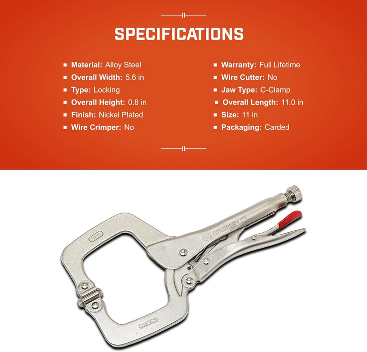 Crescent C11CCSVN Locking 11" C-Clamp with Swivel Pad Tips, Heavy-Duty Adjustable Clamp with Hex Key Recess & Compound Action
