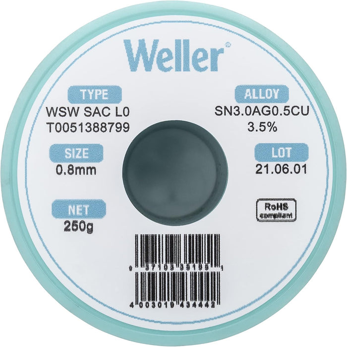 Weller WSW SAC L0 Lead Free Solder Wire, 0.8 mm / 0.039 in Diameter, 250 g / 8.818 oz Weight, Sn96.5Ag3.0Cu0.5 Alloy, 3.5% Flux content - (T0051388799)