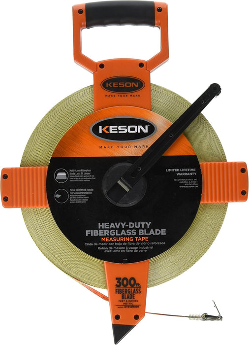 Keson OTR18M300 Open Reel Fiberglass Tape Measure Reel with Double Hook (Graduations: ft., in., 1/8 & m, cm, 2mm), 100M/300-Foot