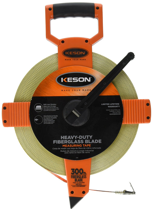 Keson OTR18M300 Open Reel Fiberglass Tape Measure Reel with Double Hook (Graduations: ft., in., 1/8 & m, cm, 2mm), 100M/300-Foot