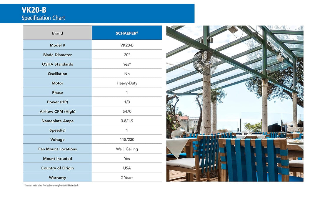 Schaefer VK20-B VersaKool Air Circulator Fan & Aluminum Blade, Ceiling Wall Mount Greenhouse Fan, 5470 CFM, 1/3 hp, Energy-Efficient Commercial use for Patio, Garage, Industrial & Workshop (Black)