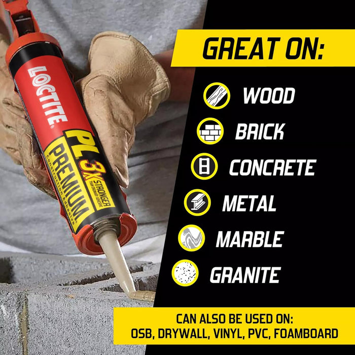 Loctite 1390595 PL Premium Polyurethane Construction Adhesive, 10 fl oz Cartridge, Versatile Construction Glue for Wood, Concrete, Stone, Metal & More (Pack of 12)