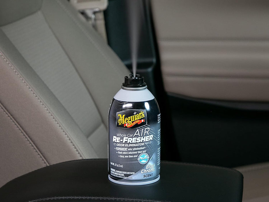 Meguiar's Whole Car Air Refresher, Car Odor Eliminator Spray Permanently Eliminates Unwanted Vehicle Odors Throughout Your Interior, Black Chrome Scent, 2 Oz Aerosol Canister