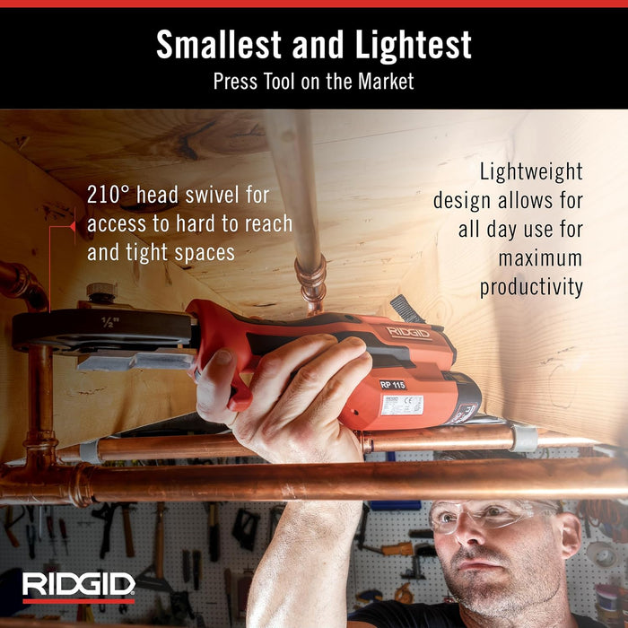 RIDGID (RP115) 72553 Mini Press Tool and Battery Kit with 1/2" to 3/4" ProPress Press Tool Jaws, 2V Li/Ion Battery, 12V Charger, and Carrying Case