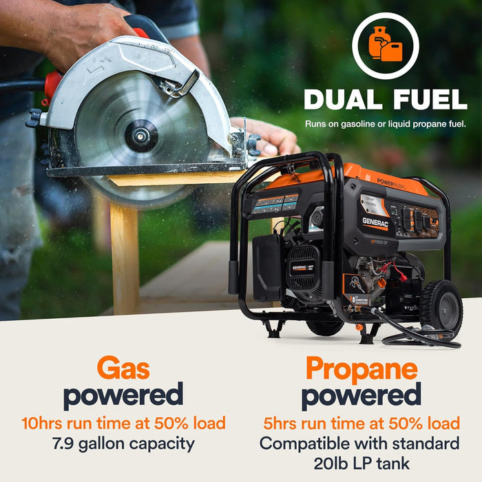 Generac 8011 GP7500E 7,500-Watt Dual-Fuel Compatible Portable Generator, Gas and Propane, COsense Technology with Electric Start, Powerrush Advanced Technology
