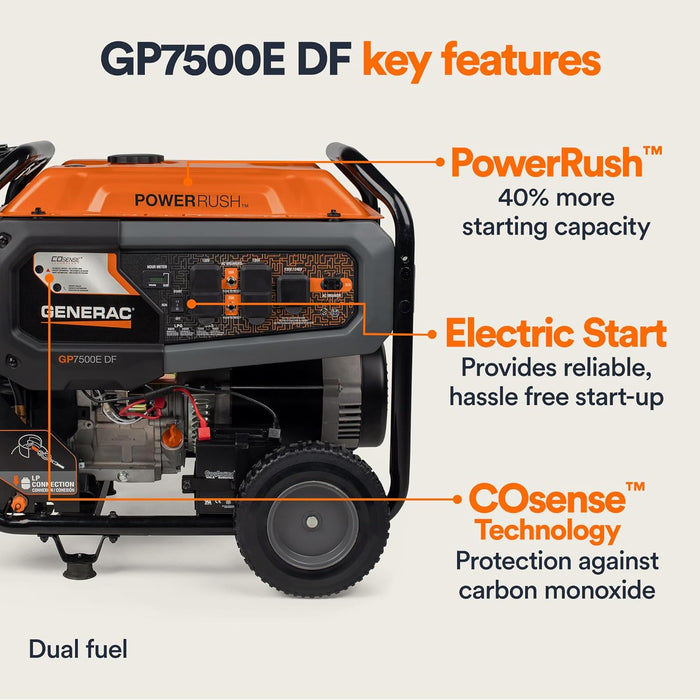 Generac 8011 GP7500E 7,500-Watt Dual-Fuel Compatible Portable Generator, Gas and Propane, COsense Technology with Electric Start, Powerrush Advanced Technology