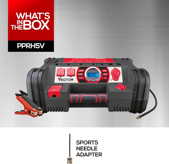 Vector PPRH5V 1200 Peak Amp Automotive Jump Starter, Portable Power – 10W USB Port, 500W Inverter, 120 PSI Air Compressor