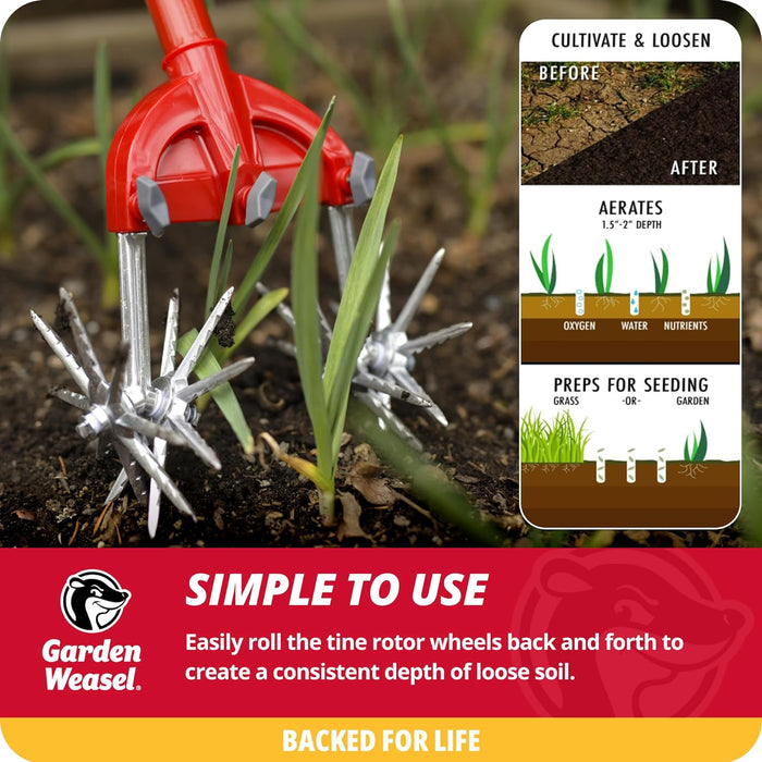 Garden Weasel Rotary Cultivator with Detachable Tines - Long Handle | Aerate, Weed, Cultivate, Plant, Reseed | Lawn Reseeding Garden Tool, Garden Soil Loosener