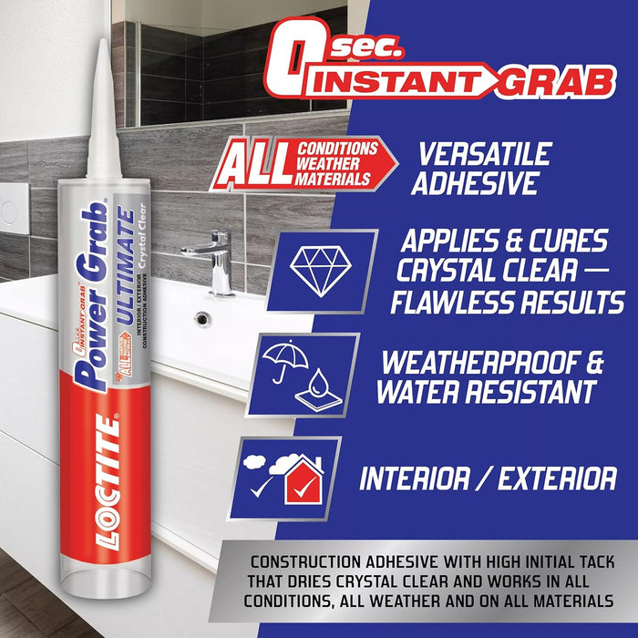 Loctite Power Grab Ultimate Crystal Clear Construction Adhesive, 9 fl oz Cartridge - Versatile Construction Glue for Glass, Wood, Metal & More (Pack of 6)