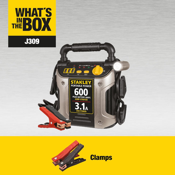 STANLEY J309 Portable Power Station Jump Starter: 600 Peak/300 Instant Amps, 3.1A USB Ports, Battery Clamps