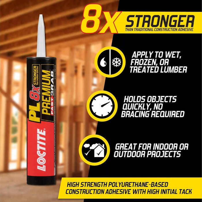 Loctite PL Premium Fast Grab Polyurethane Construction Adhesive, 10 fl oz Cartridge (Pack of 12)