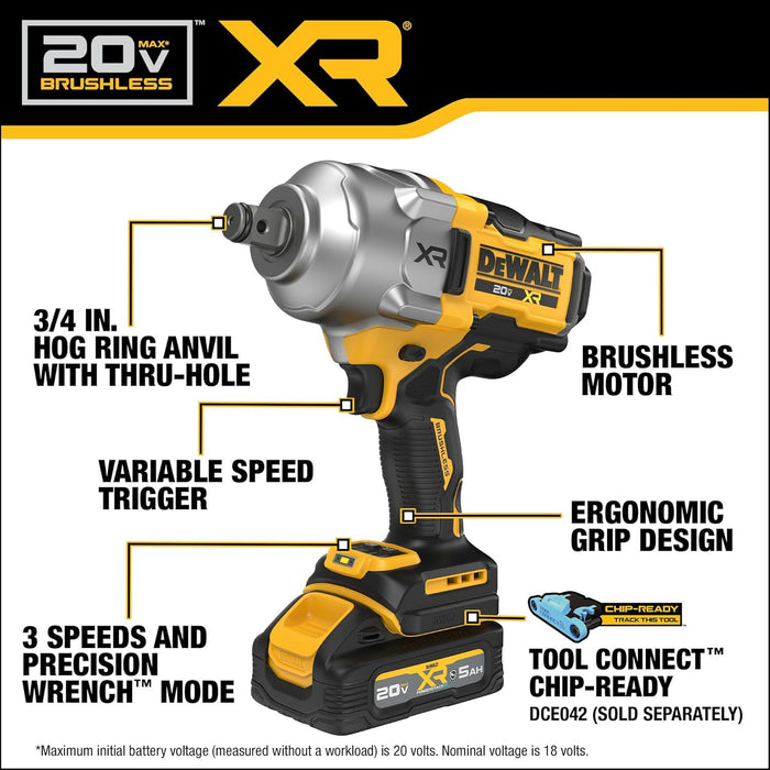 DEWALT DCF964GH1 20V MAX XR Brushless Cordless 3/4 in. High Torque Impact Wrench With Hog Ring Anvil Kit with XR POWERSTACK
