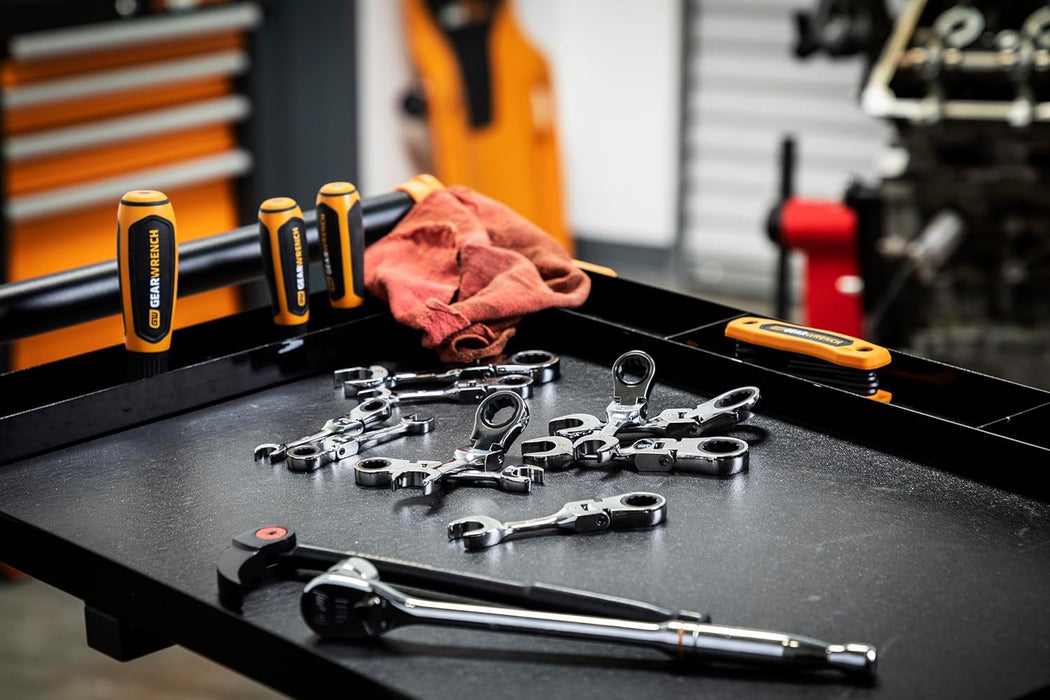 GEARWRENCH 10 Piece 90-Tooth 12 Point Stubby Flex Combination Ratcheting Wrench Set, Metric | 10mm - 19mm | 86870