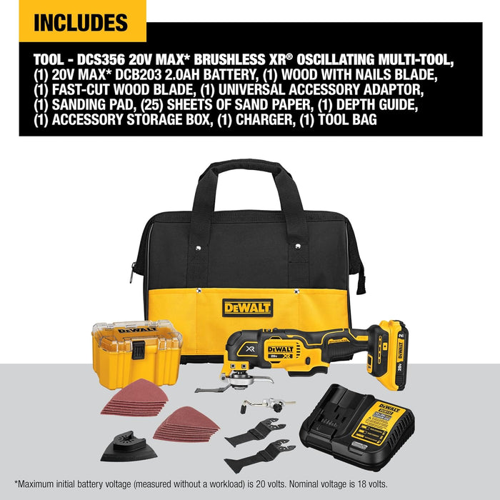 DEWALT DCS356D1 20V MAX XR Oscillating Multi-Tool Kit, Oscillating Tool Accessories, Cordless, 3-Speed, Quick Blade Change, Sand Paper, Blades, Battery and Charger Included