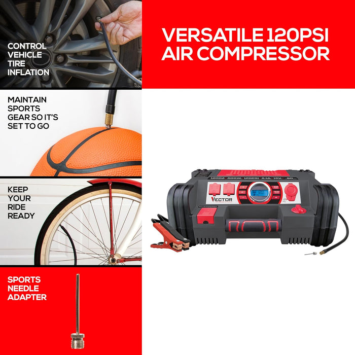Vector PPRH5V 1200 Peak Amp Automotive Jump Starter, Portable Power – 10W USB Port, 500W Inverter, 120 PSI Air Compressor