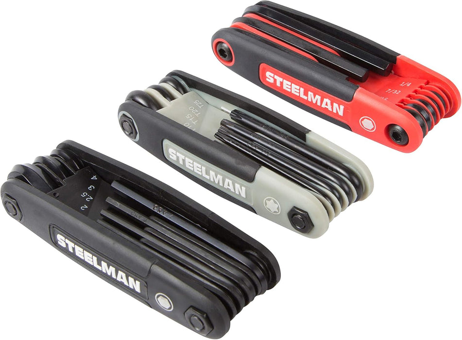 Steelman 41928 3-Piece Set Folding Hex Key Wrench Tools, SAE, Metric, and Torx Allen Wrench Sets, Chamfered Ends, Rubberized Grip
