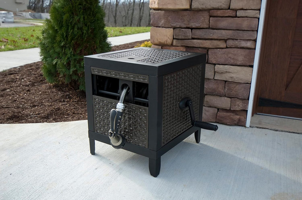 AMES NeverLeak Hose Reel Cabinet Box, 100 Ft. Capacity, Decorative with Wicker Look, Auto Track Rewinding, Black Metal