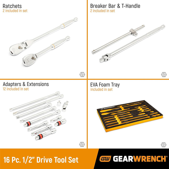 GEARWRENCH 86522 16 Piece 1/2" 90T Ratchet & Drive Tool Set with EVA Foam Tray