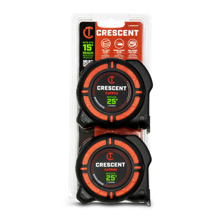 Crescent Lufkin L1125NESET2V 25 Ft. WORKHORSE NITE EYE Tape Measure SAE (Pack of 2)