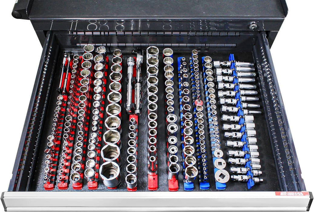 Ernst Manufacturing 8-Inch Magnetic Socket Organizer with 9 Twist Lock Clips, 1/4 Drive | Toolbox Organizer | Strong Magnetic Mounts | SAE or Metric Sockets | Made in USA |Blue 8-Inch 1/4-Inch Twist Clips Blue