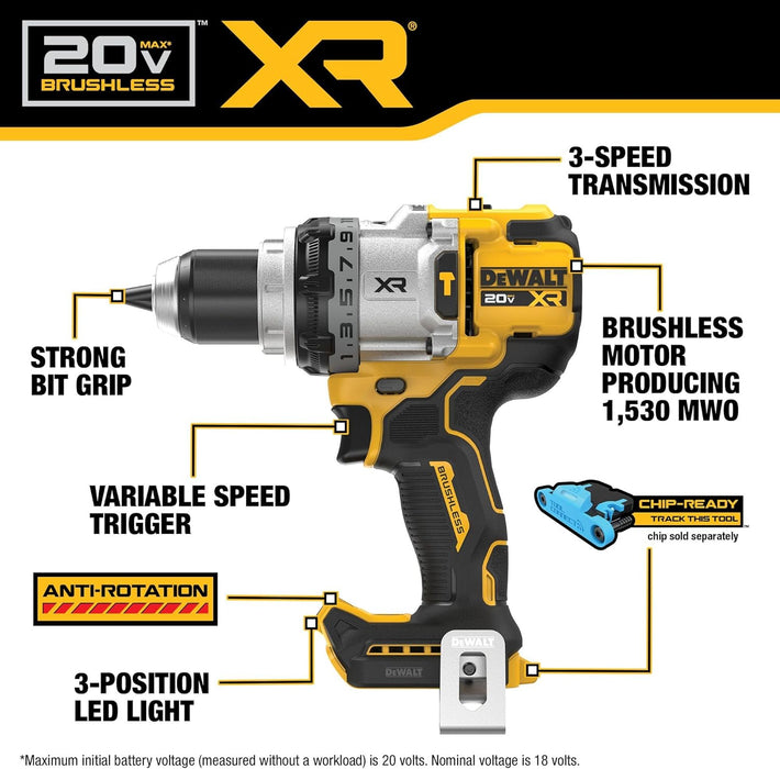 DEWALT DCD1007WW1 20V MAX XR Brushless Cordless 1/2 in. 3-Speed Hammer Drill Kit with XR POWERPACK