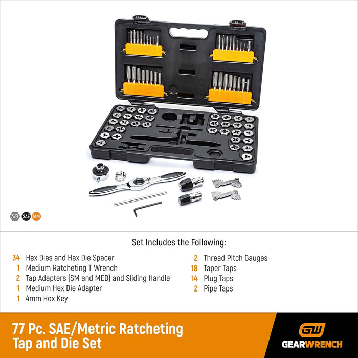 GEARWRENCH 3887 - 77 Piece SAE/Metric Ratcheting Tap and Die Set