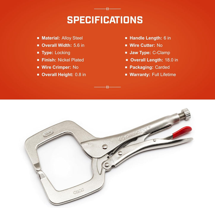 Crescent C18CCRN Locking C-Clamp with Swivel Pad Tips - Heavy-Duty Adjustable Clamp with Hex Key Recess & Compound Action